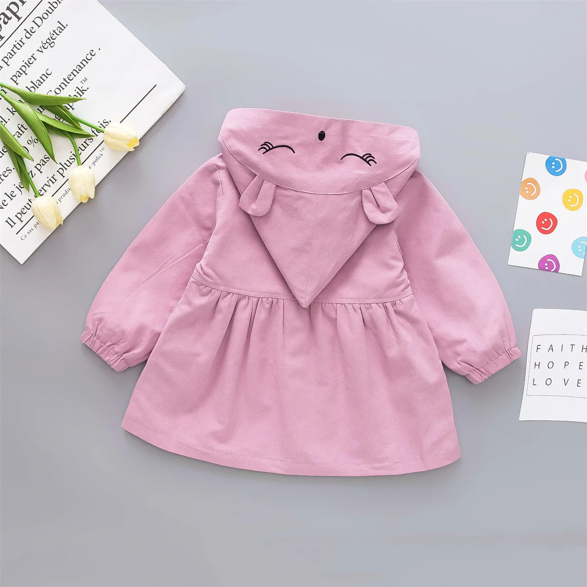 Spring And Autumn 0-3 Year Old Girl Cute Hooded Coat Baby Solid Single Breasted Hat Embroidered Cartoon Sweet Windbreaker