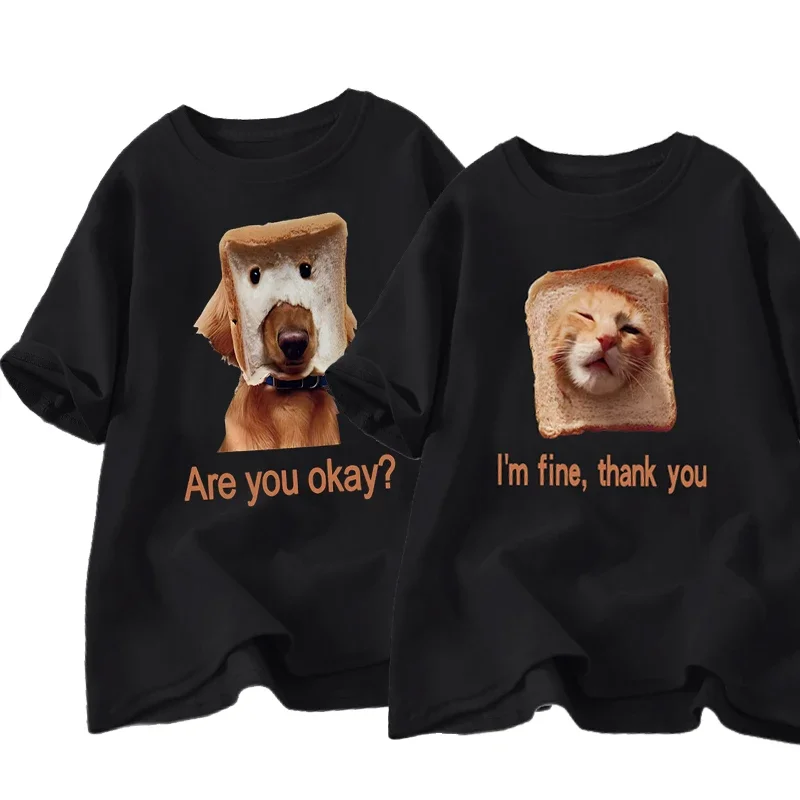 

Fun Bread Dog Cat T-shirt Female Couple Pattern T-shirt Summer Couple Clothing Animal Short Sleeve T-shirt Top