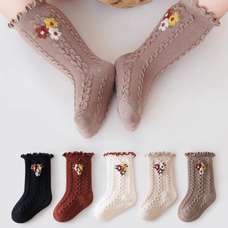 

Korean Flower Baby Girl Socks Wooden Ear Princesses Boneless Stockings Cute Spring Autumn Children Sock Trendy Infant Accessory