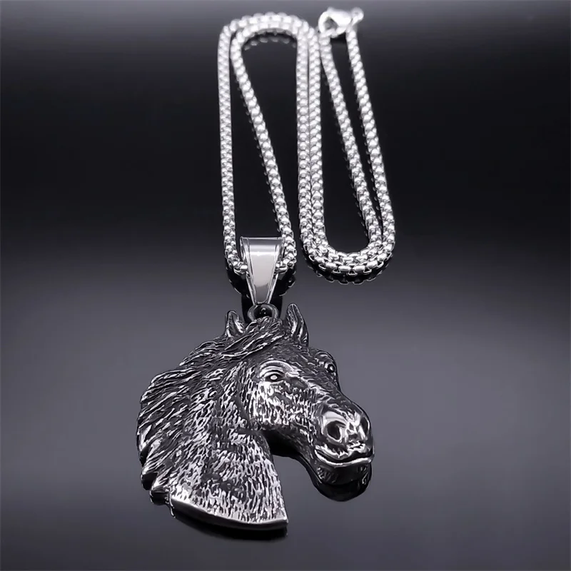 Retro Horses Chain Necklace Stainless Steel Silver Color Animals Pendant for Man Boyfriend Jewelry colar masculino NZZ374S02