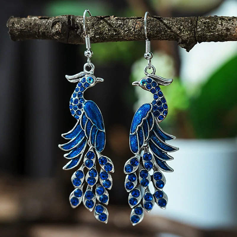 Vintage Temperament Ethnic Peacock Earrings for Women Elegant Drop Oil Rhinestone Silver Color Dangle Earring Party Jewelry