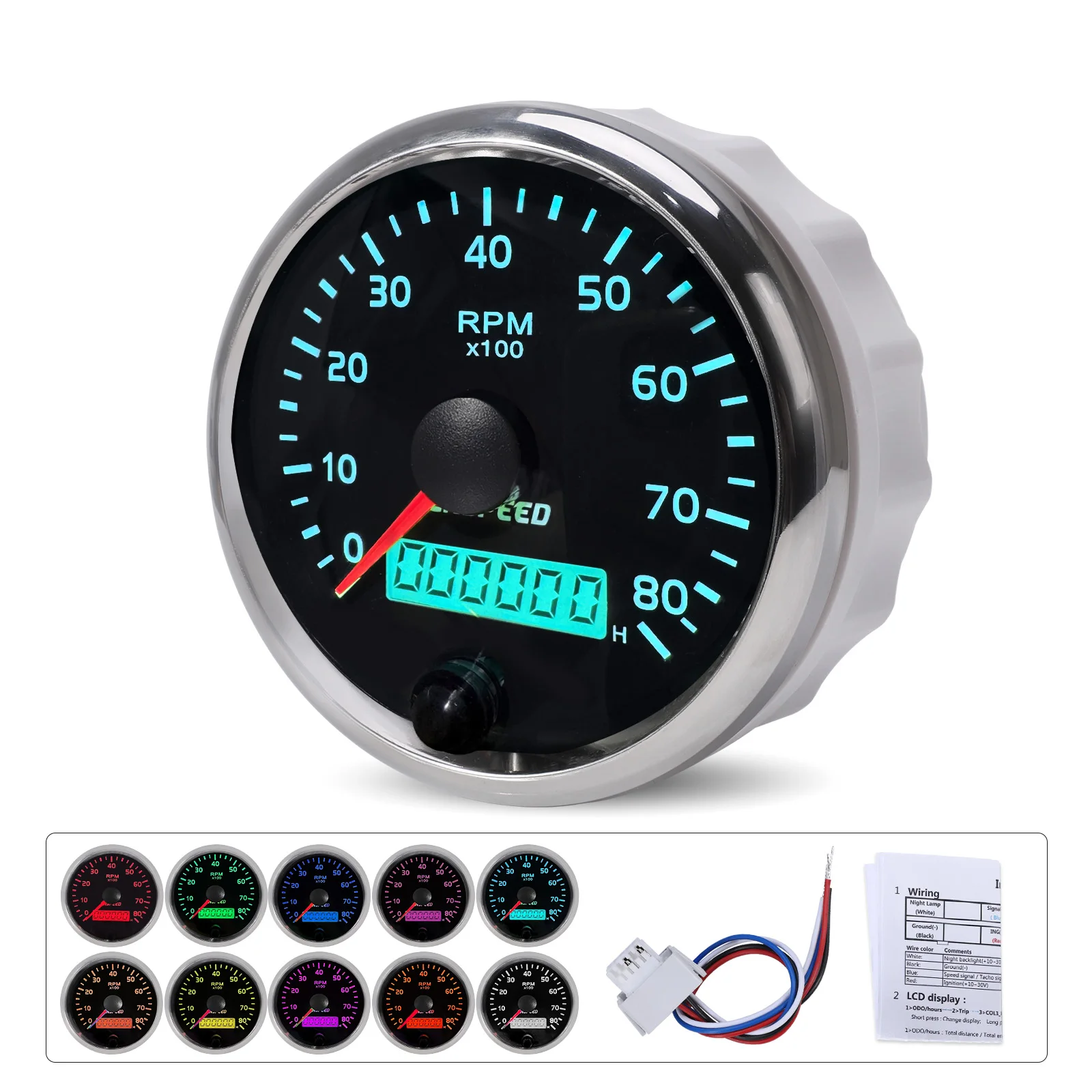 Universal 85mm 12V/24V 10 Color Backlight Car 4000 & 8000 Rpm Tachometer 220 Km/h & 160 MPH Speedometer Speed Gauge Waterproof