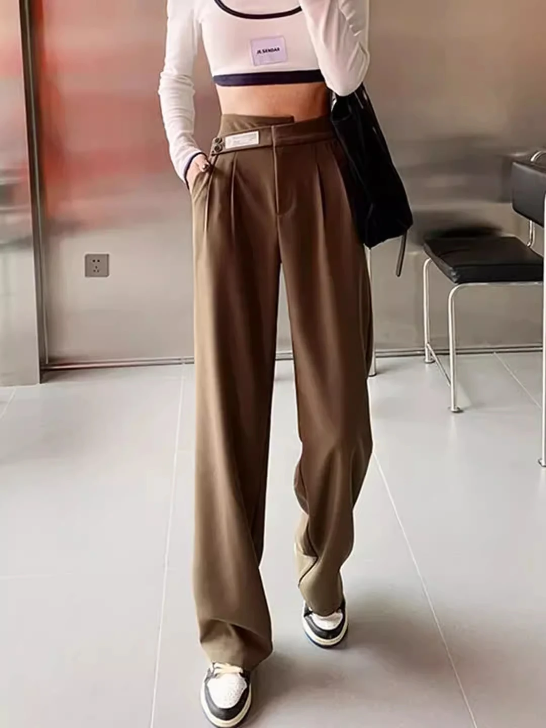 

Женские летние тонкие брюки с широкими штанинами, высокой талией, драпировкой, стройнящие, прямые, в пол, повседневные, костюмные, длинные брюки