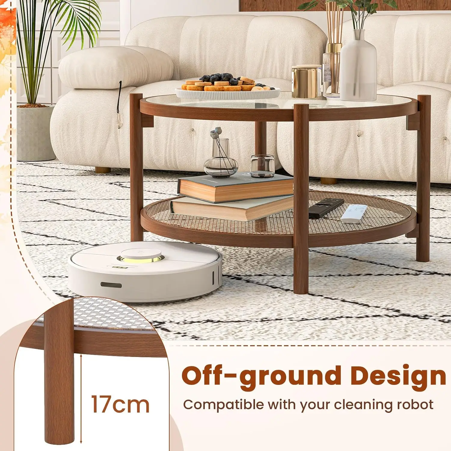 Rattan Glass Coffee Table Round PE Woven Storage Shelf Wood Frame 2 Tier Accent Center Table Living Room Small Space, Customized