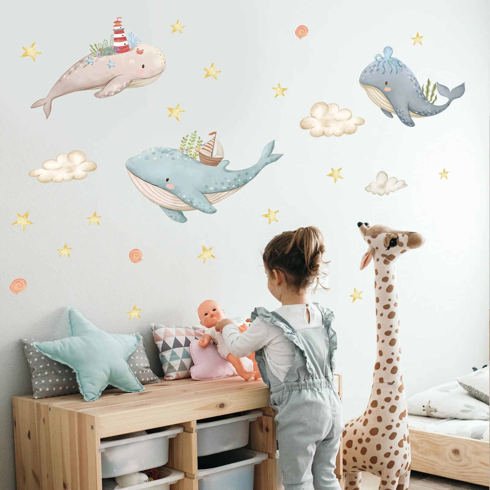 

Cartoon Whale Stars Clouds Watercolor Style Wall Sticker Self-adhesive Removable Vinyl PVC Home Decor for Living Room Bedroom