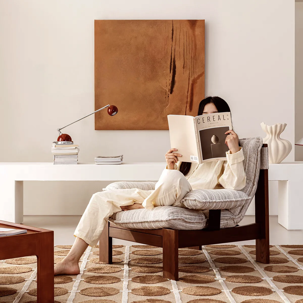 #￥Ulan Sofa Designer Solid Wood Leisure Chair for Living Room & Balcony High Weight Fabric