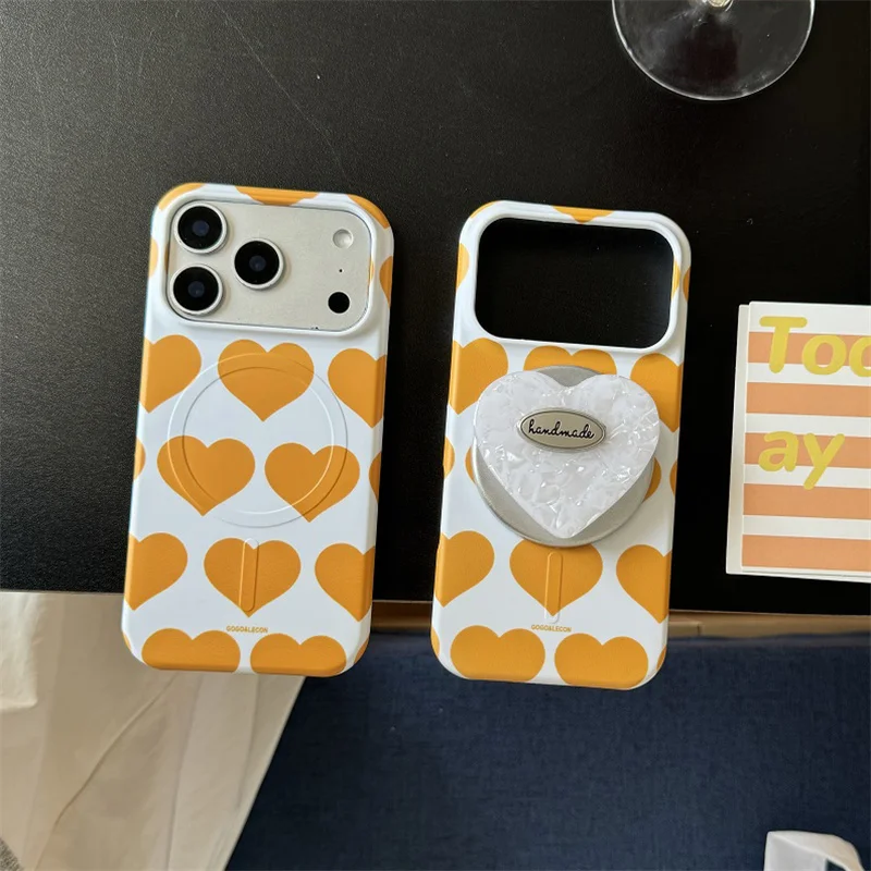 Fashion Orange Love Heart Magnetic Phone Case For iPhone 16 Pro 17 15 Pro Max Back Cover with Stand For Magsafe Hard Protective
