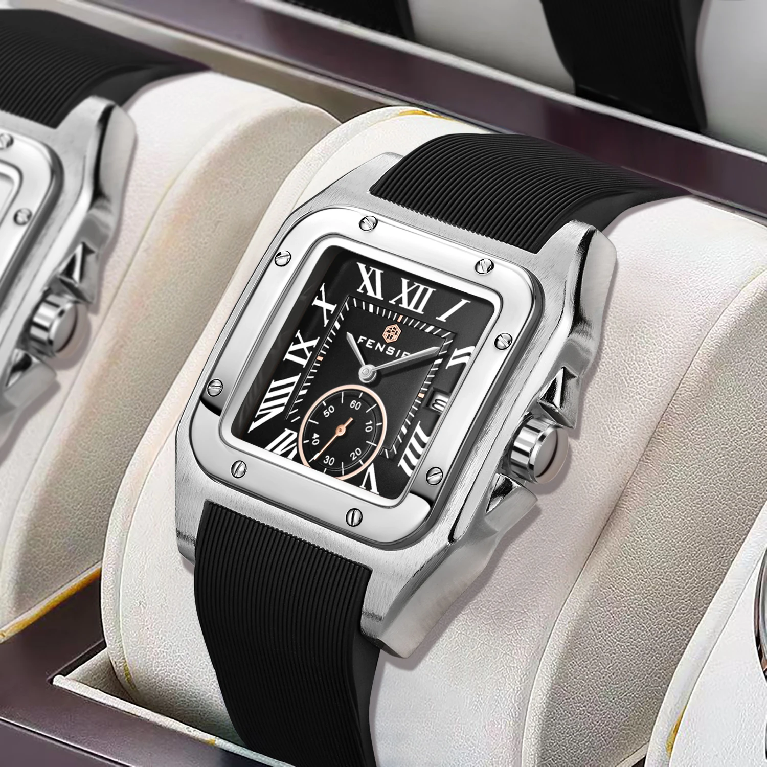 ساعة رجال الأعمال الجديدة من سلسلة Santos Tank، مينا مربعة، مع عرض التقويم، متوفرة بحزام سيليكون وحزام جلدي، ساعة يد رجالية عصرية فاخرة وبسيطة وأنيقة