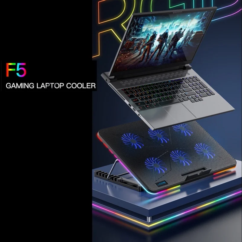 COOLCOLD F5 RGB Laptop Cooler 6-Fan Laptop Cooling Stand Mute Design With RGB Light Effect 7-Level Adjustable Height 2 USB Ports