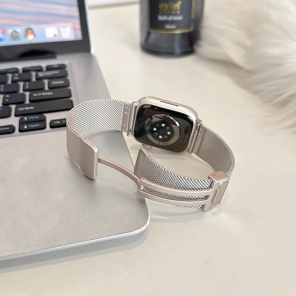 พับแม่เหล็กโลหะหัวเข็มขัดสําหรับ Apple Watch Band Ultra1/Ultra 2 49 มม.45 มม.44 มม.สําหรับ iWatc Series 9 8 7 6 5 4 3 Se Correa