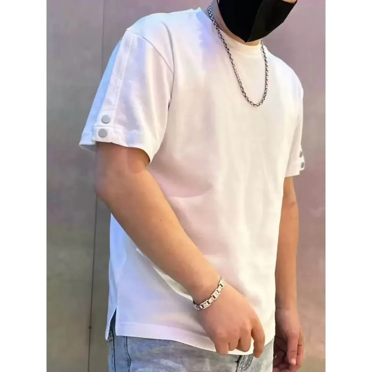 White Men's Casual T-Shirt With Button Detail On Sleeve For Daily Wear Summer Breathable
