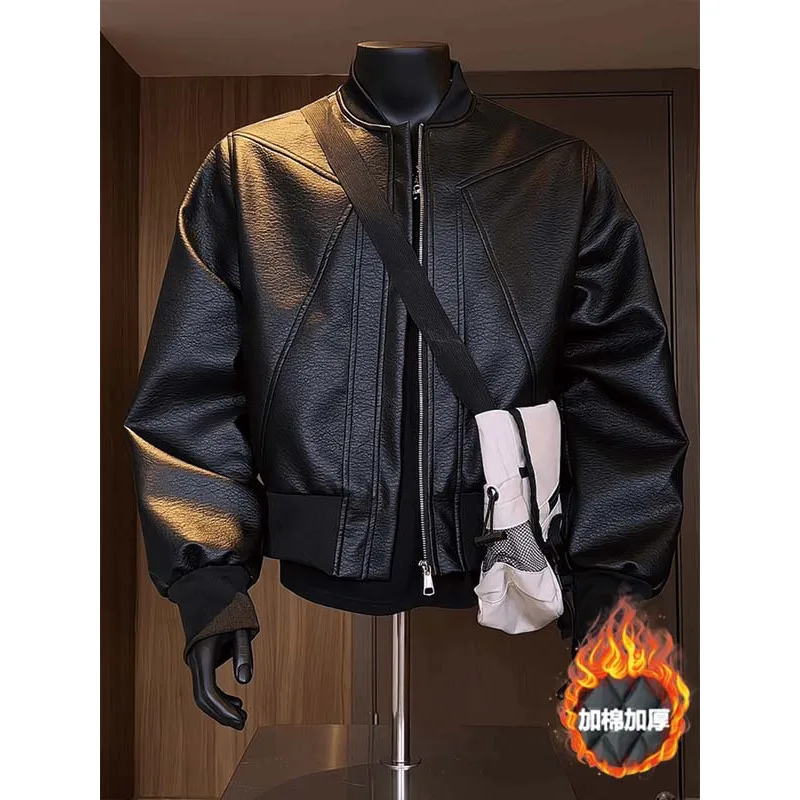 

Зимняя куртка, мужская утолщенная американская модная кожаная куртка, мужская короткая мотоциклетная куртка на хлопковой подкладке, кожаная куртка-юке