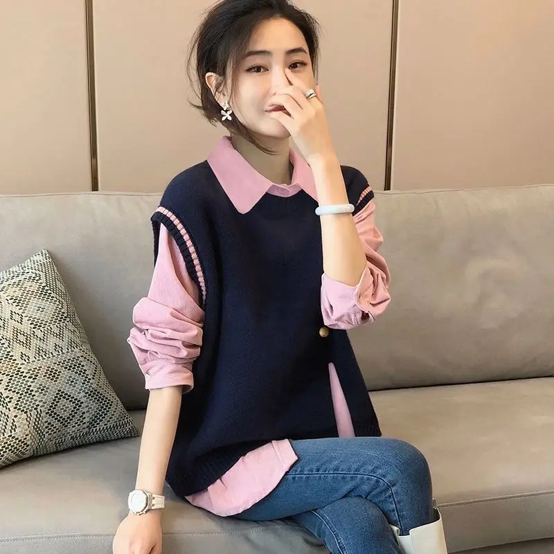 2023 Autumn/Winter Korean Edition New Knitted Vest+Shirt Women's Two Piece Set Small and Fashionable Reduce Age