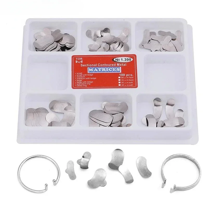 

100Pcs Dental Sectional Matrix Contoured System Metal Dentistry Resin Clamping Bean Flap Forming Sheet Clamp Ring Dental Tool X