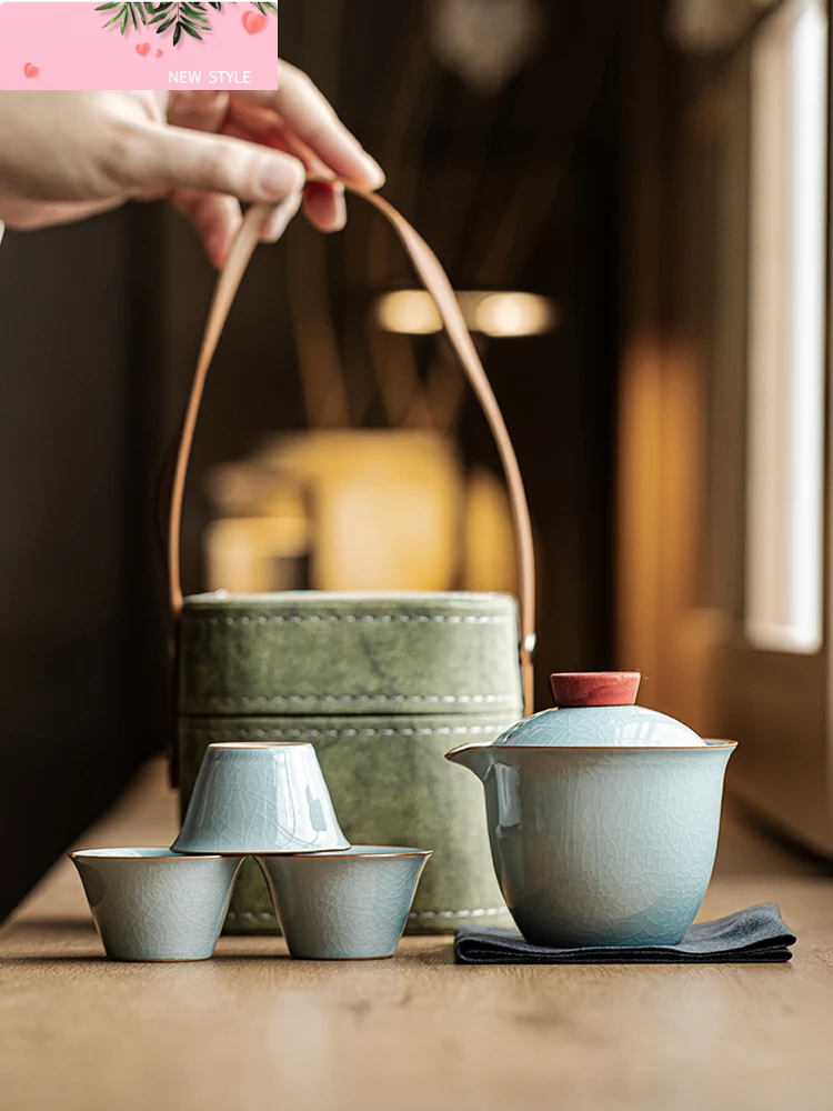 

Traditional Beige Ru Kiln Travel Tea Set Quick Customer Cup One Pot Three Cups Ceramic Outdoor Car Portable Kung Fu Tea Set