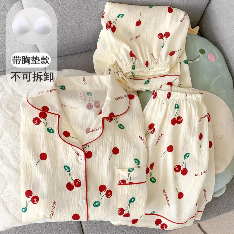 Conjunto de pijamas Hello Kitty para mujer, verano, algodón, manga corta, 3 piezas, estampado de nubes