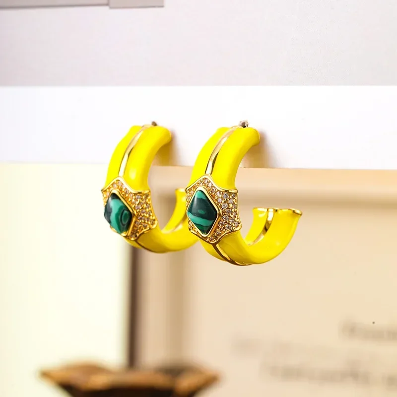 

European and American retro big earrings, high-end drip glaze zircon niche earrings