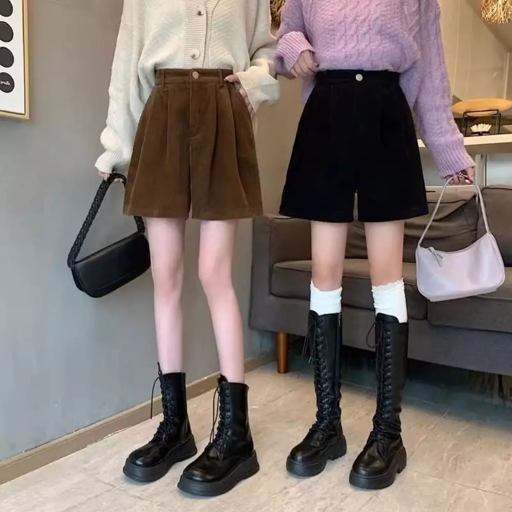 

Повседневные женские вельветовые шорты с высокой талией, широкие короткие брюки в эластичную полоску, два кармана, большой размер, свободная уличная одежда на каждый день