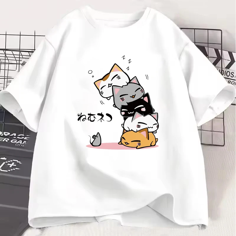 

Японские модные мужские и женские футболки с мультяшным принтом кота, милые повседневные рубашки унисекс с рисунком кота, уличная мода, футболки в стиле Харадзюку