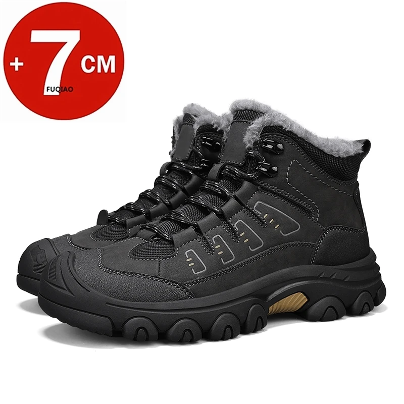 

Winter Men's Mid-Top 7cm Height Increasing Warm Cotton Hiking Boots Anti-Slip Wear-Resistant Outdoor Fashion Elevator Shoes
