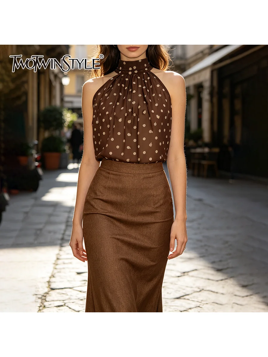 

TWOTWINSTYLE Hit Color Bow Shirts for Women Stand Collar Sleeveless Loose Sheer Casual Blouse Female Fashion Clothing 2026 New