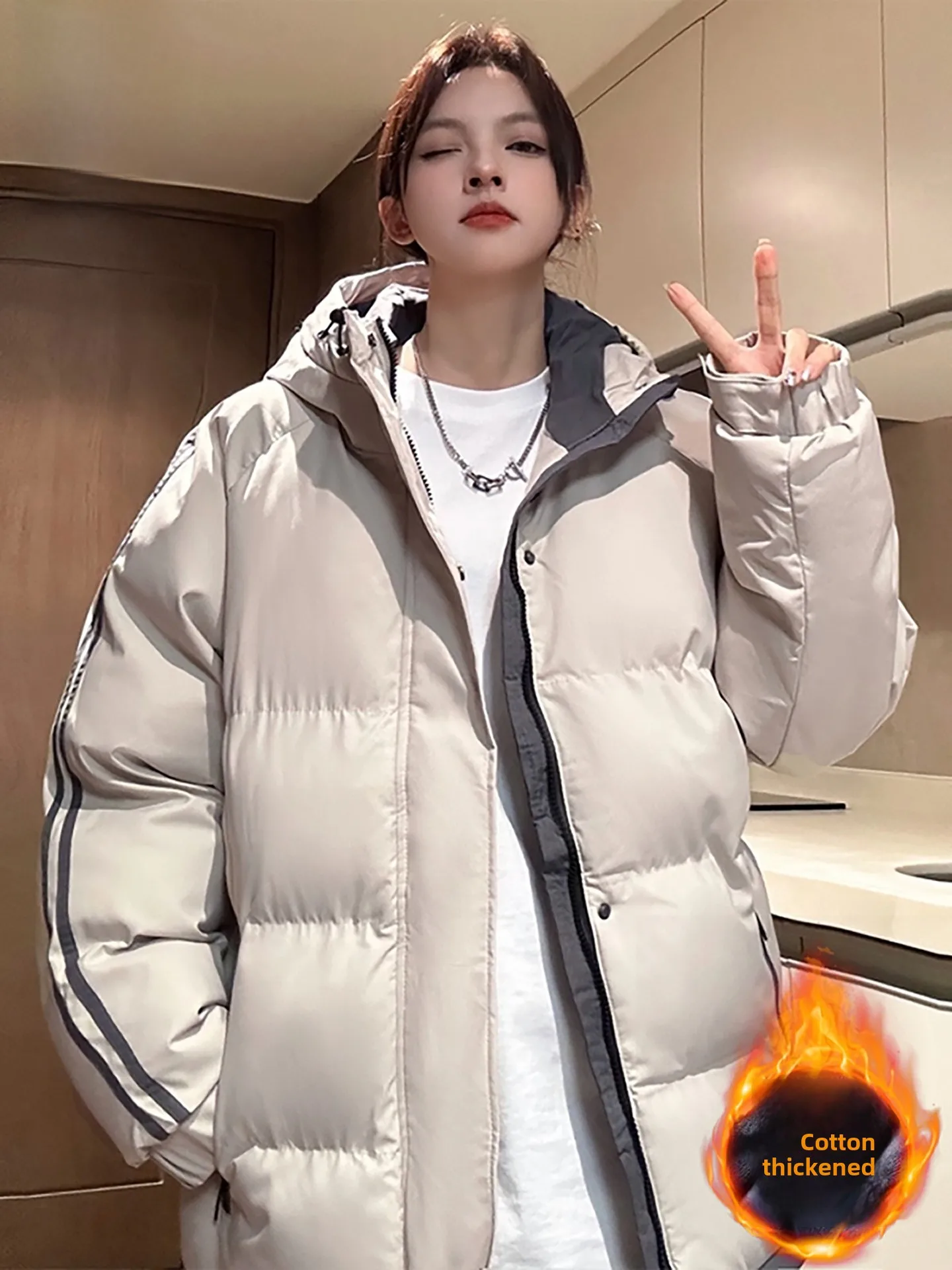 

Утепленная хлопковая куртка в полоску для пар, осень-зима, новая модель, теплая, мужская и женская, повседневная, модная, с воротником-стойкой, из полиэстера.