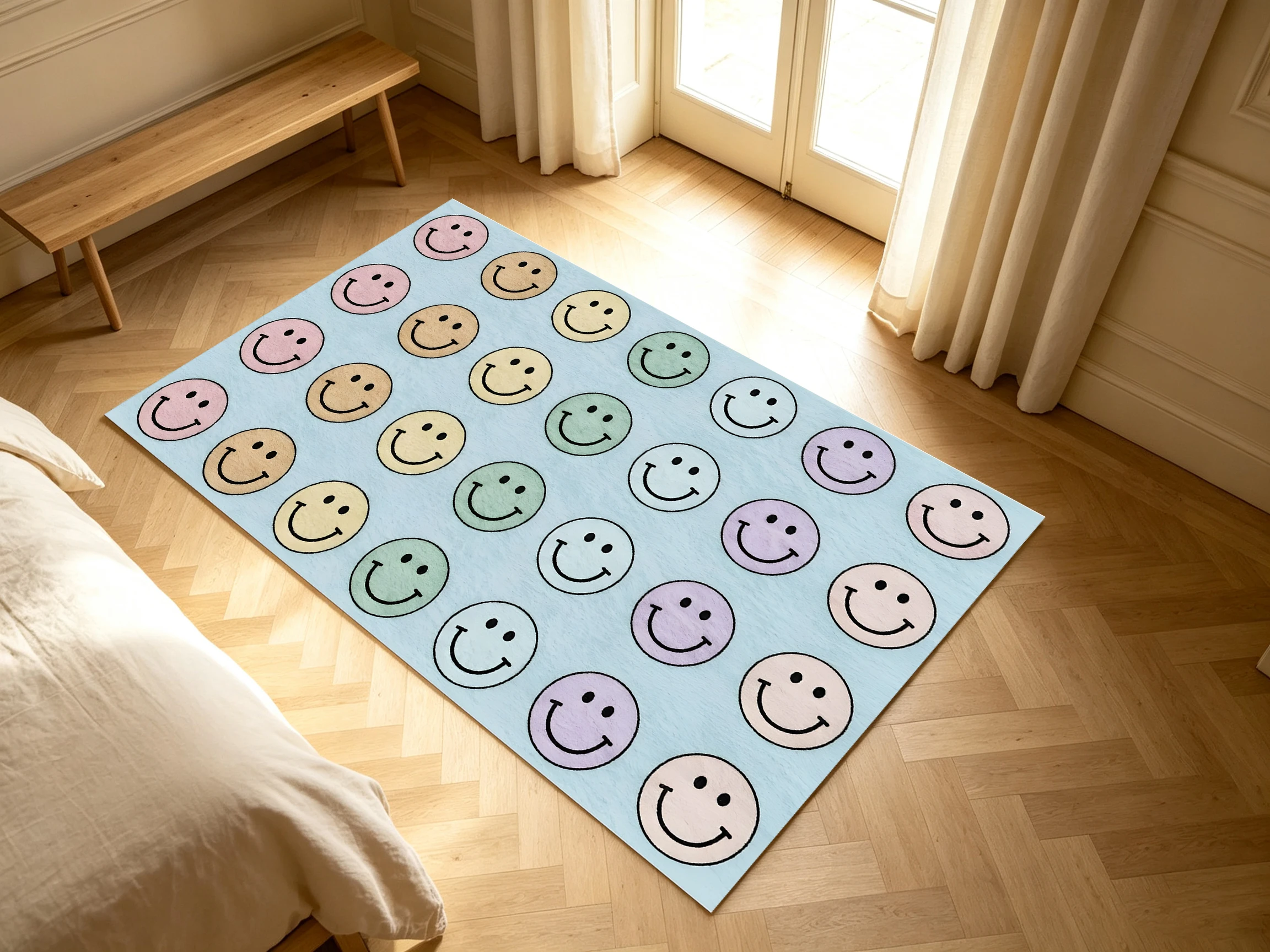2D Large Rug with Light Blue Background & Macaron Smiley Faces Cute & Soothing Design, Soft & Skin-Friendly. Suitable