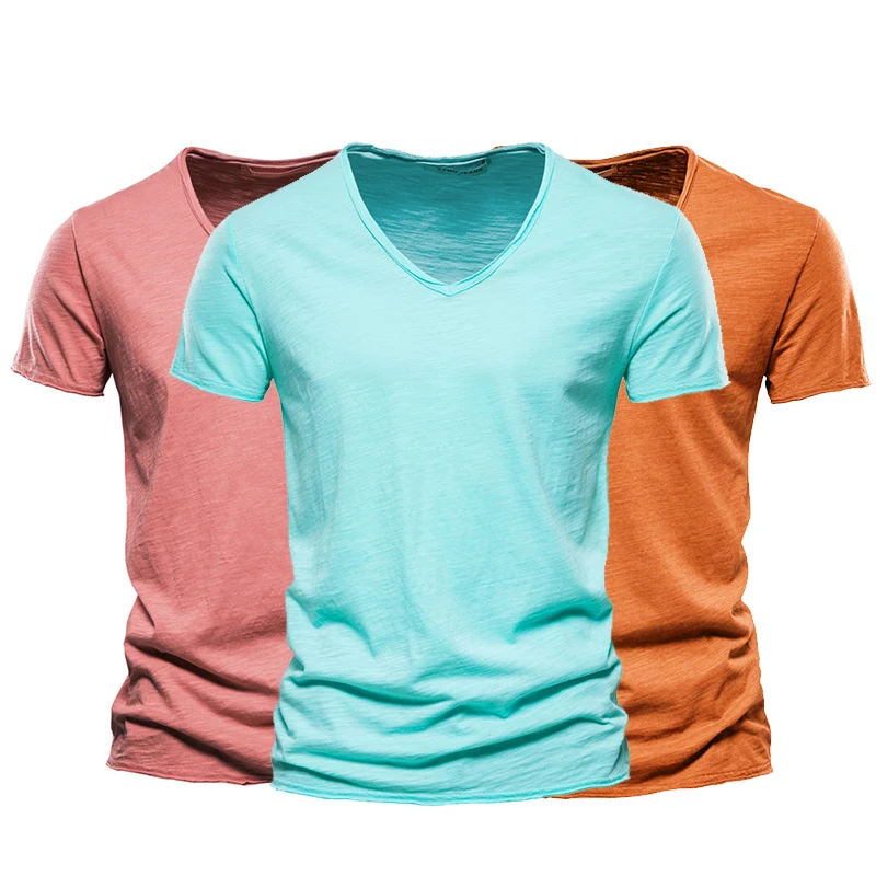 10 Colors 100% Cotton Men T-shirt V-neck Fashion Design Slim Fit Soild T-shirts Male Tops Tees Short Sleeve T Shirt For Men