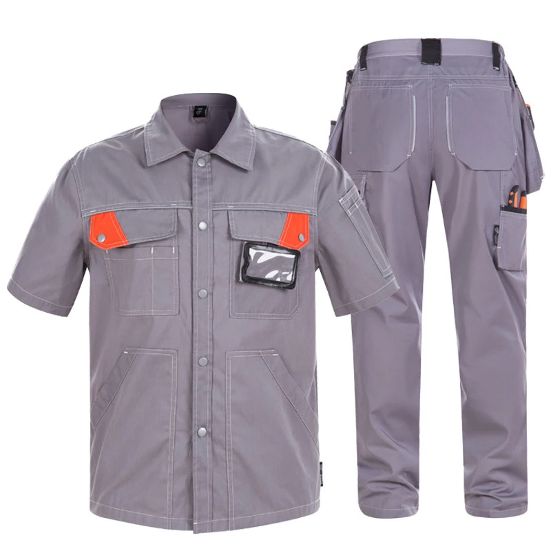 Work Clothes Suit with Reflective Stripes Men Work Shirt Mechanic and Work Pants Men Multi Pockets