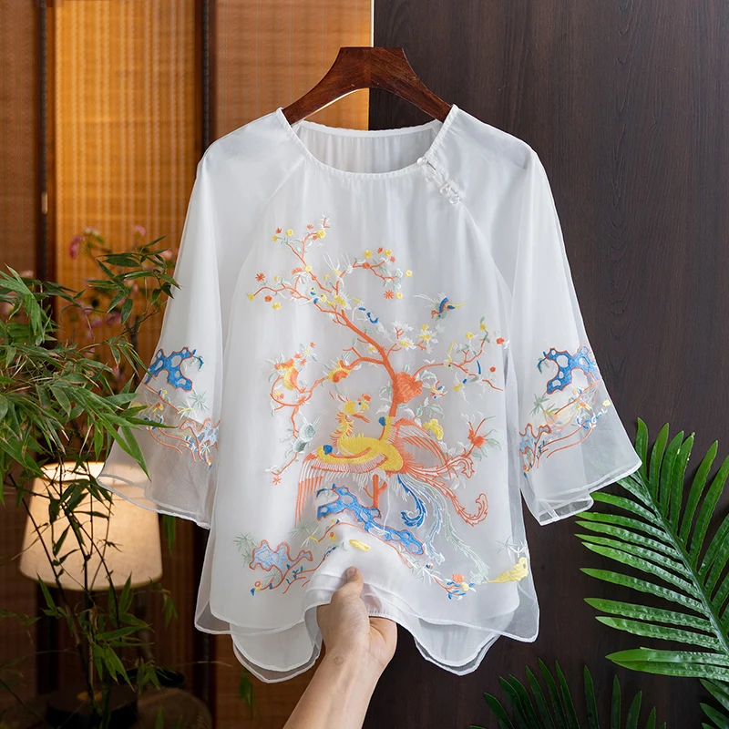 O-Neck Phoenix Embroidered Blouse Women's Spring And Summer New Three Quarter Sleeve Elegant Irregular Lady Top S-XXL