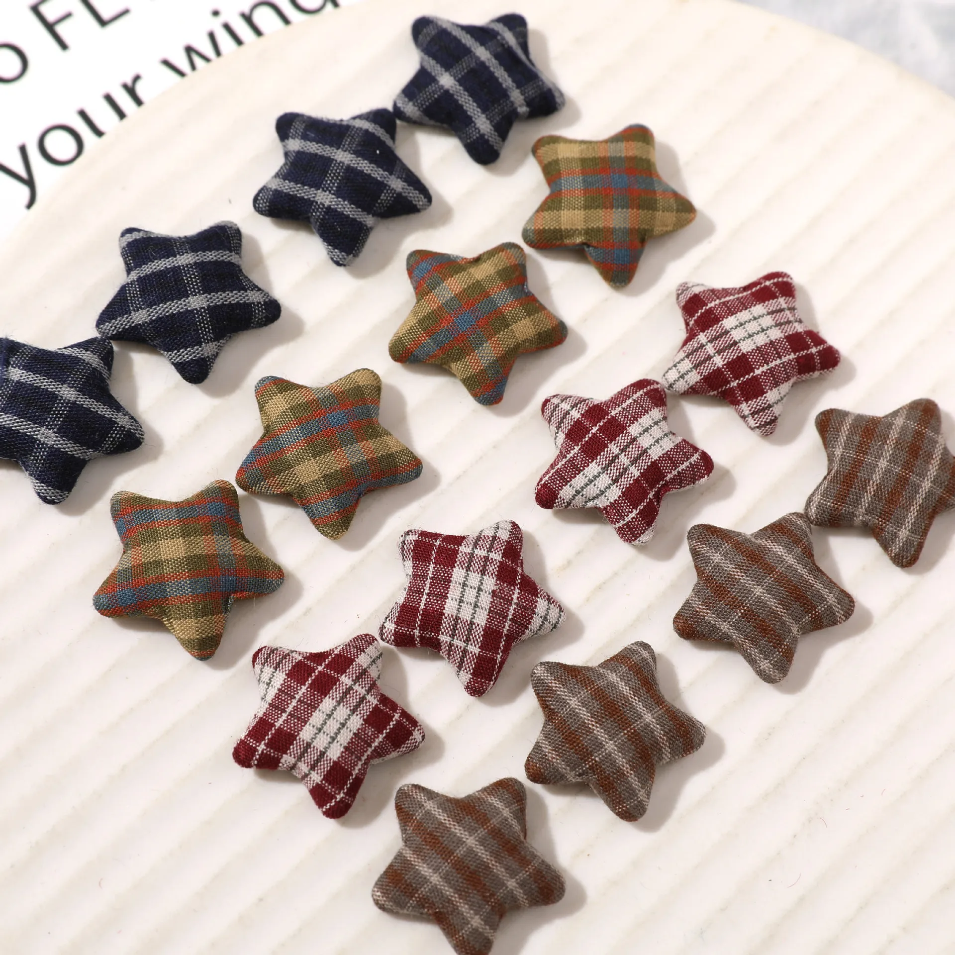 Vintage Checkered Fabric Star Cover Buttons Pentagram Patches for DIY Hair Ear Accessories