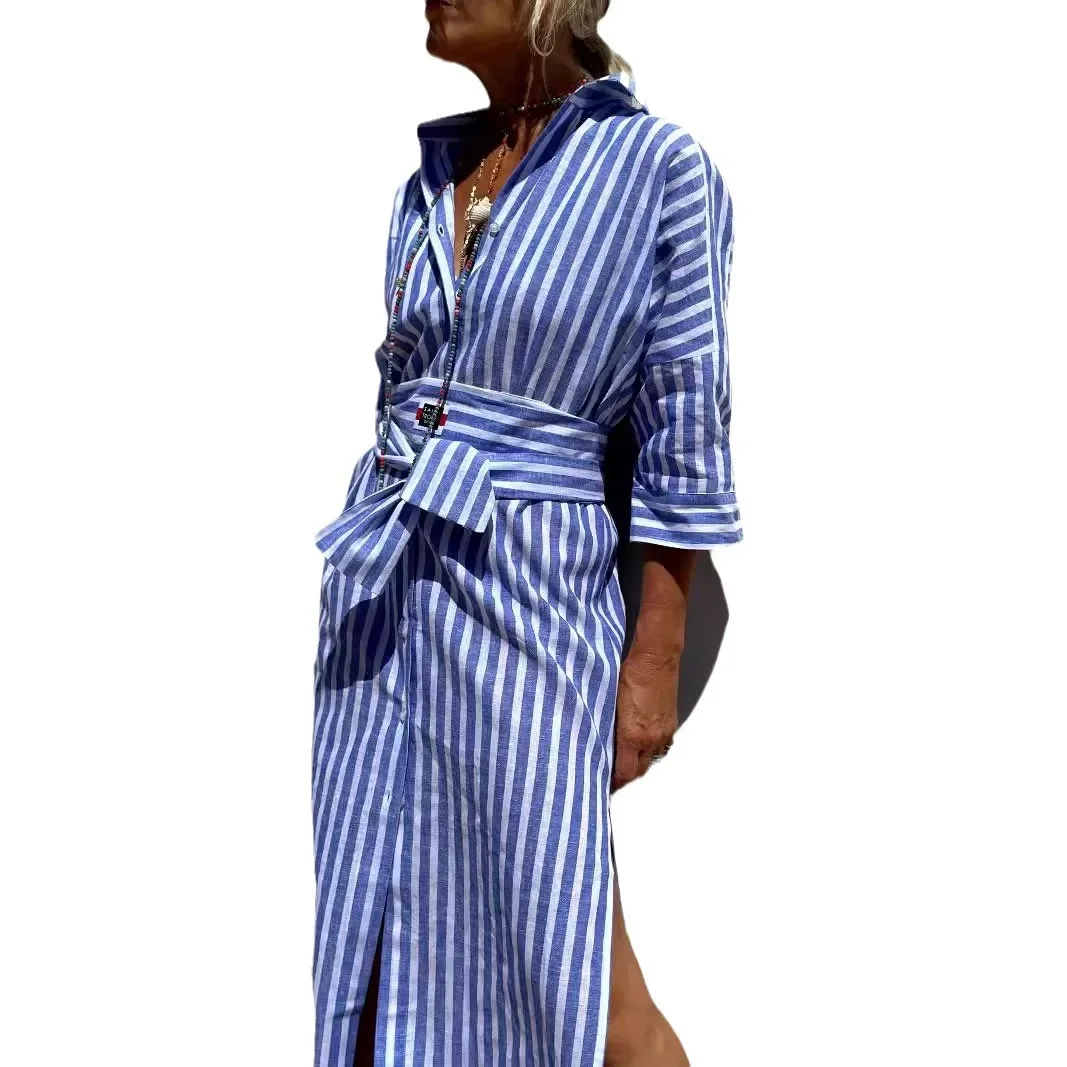 2025 Summer New Vestidos Simple Striped Women Five Sleeve Dress Fashion Collar Female Shirt Dresses