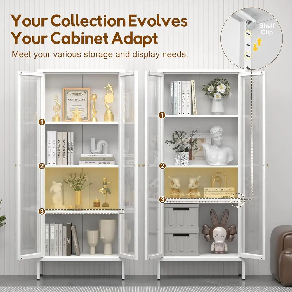 Espositore in metallo bianco a 4 livelli con ante in vetro temperato per soggiorno, piante e oggetti da collezione, assemblaggio richiesto