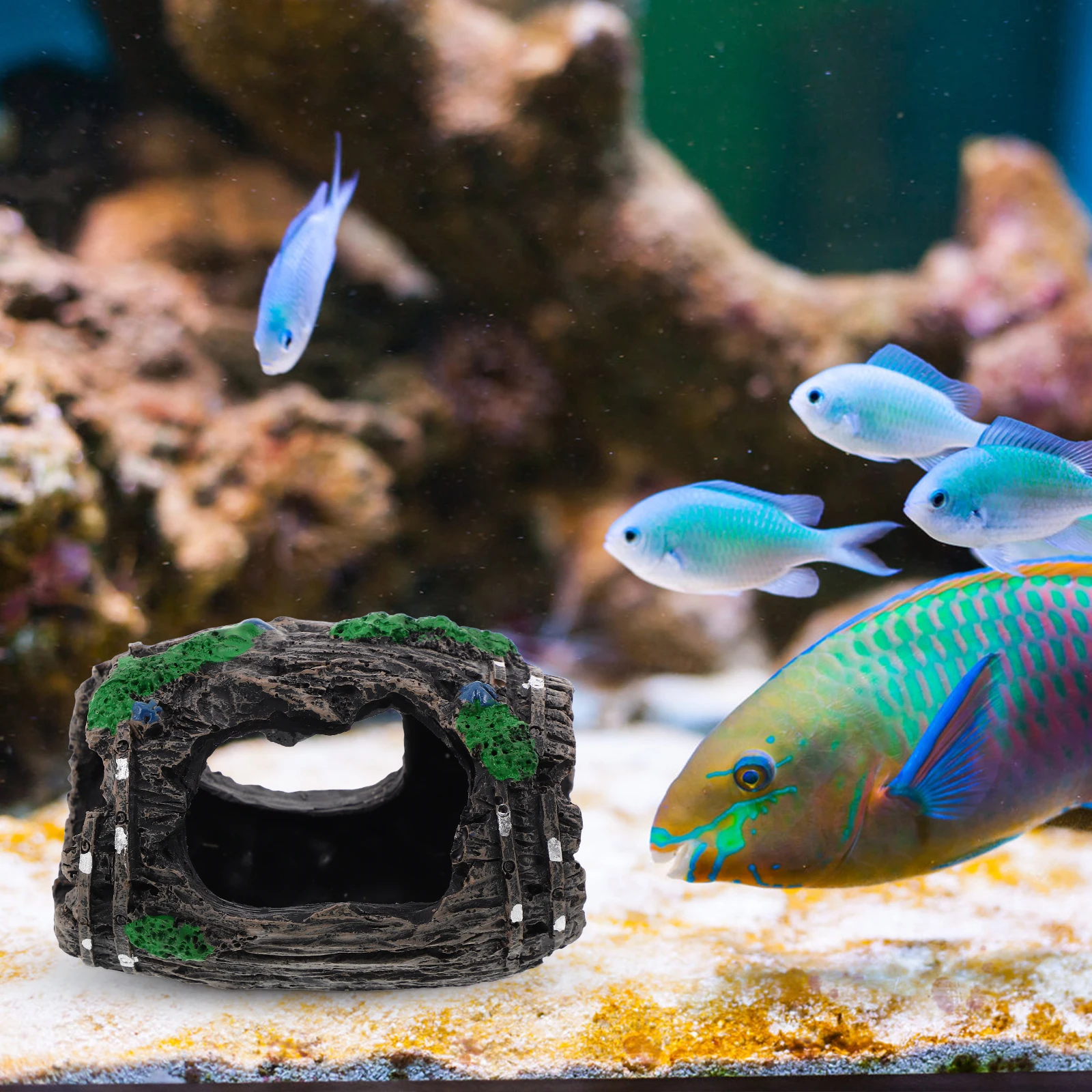 

1pc Fish Tank Decoration Resin Barrel Shape Aquarium Hideout For Betta Shrimp Turtle Small Reptile Shelter Cave Accessory