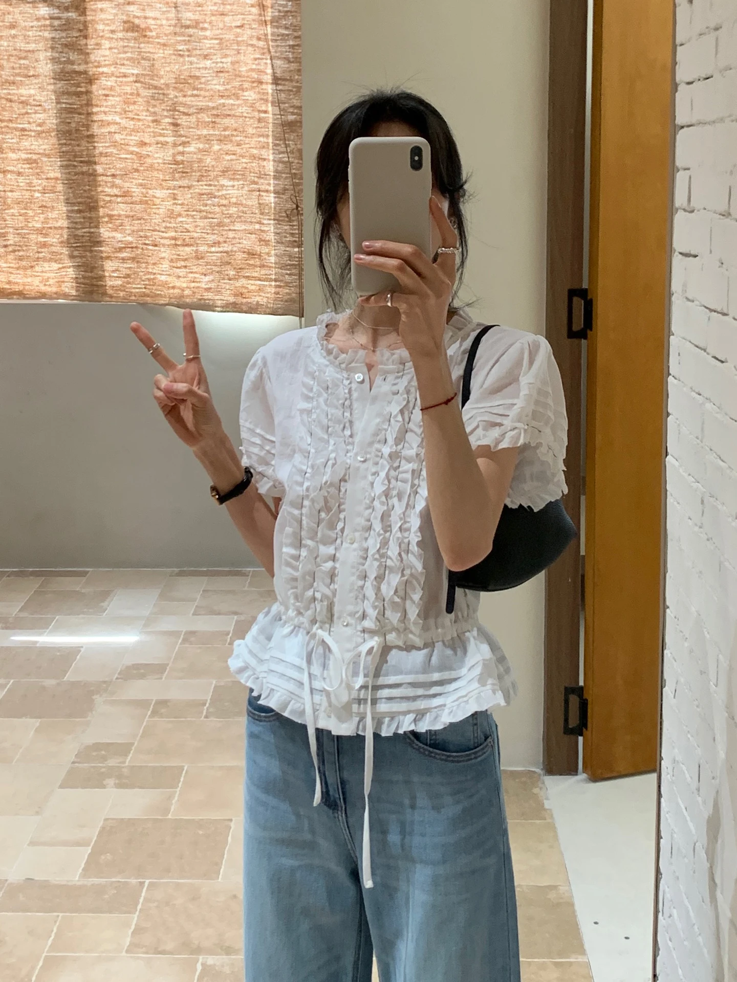 

White Wooden Toothed Drawstring Waist Short Sleeve Women's Casual Shirt Spring Summer New Style Korean Loose Fit Top