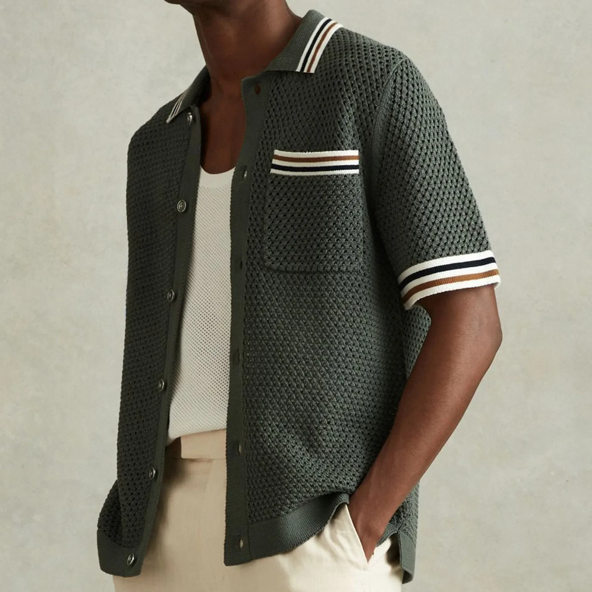 Europe and The United States Summer Men's New Hollow-out Lapel Knitted Cardigan Casual Street Single Breasted POLO Shirt Men