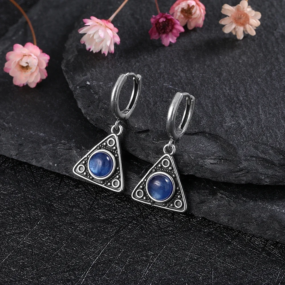 Triangle Natural Kyanite Earrings Vintage Jewelry Variety of Gems Pendant Silver Plated Moonstone Drop Earring for Women