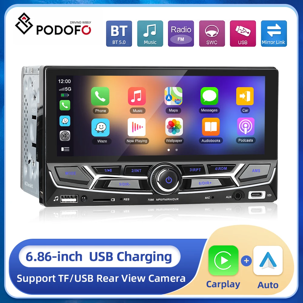 

Podofo 2din 6.86" MP5 Player For Universal Carplay Android auto Bluetooth/FM Radio Receiver Support TF/USB Mirror Link EQ Radio