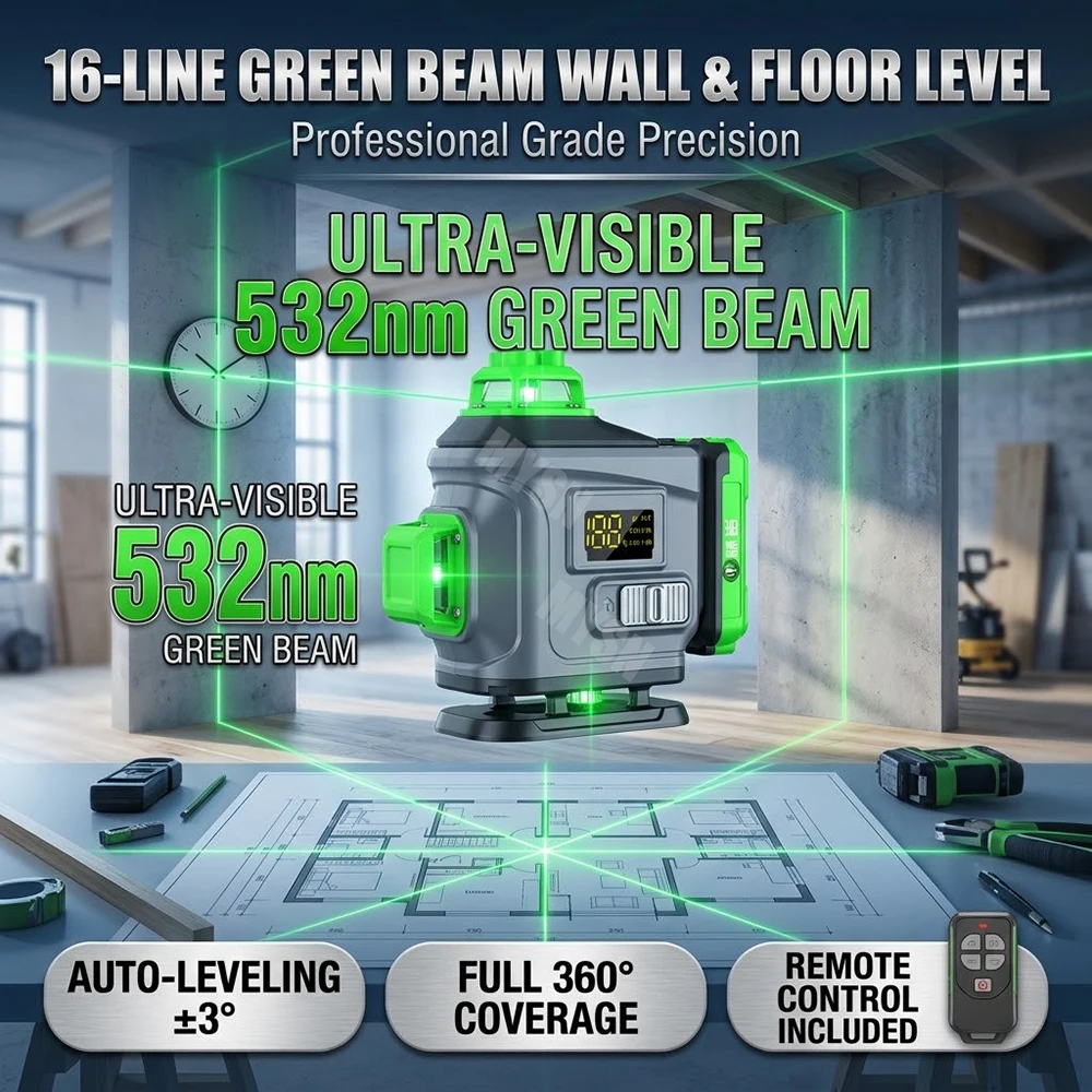 EX016 Livella Laser Verde 4D a 16 Linee Orizzontale Verticale 4×360 ° Livella Laser Autolivellante per Pareti e Pavimenti, Livella Laser a Raggio Verde ad Alta Precisione ±1mm/5m con Display