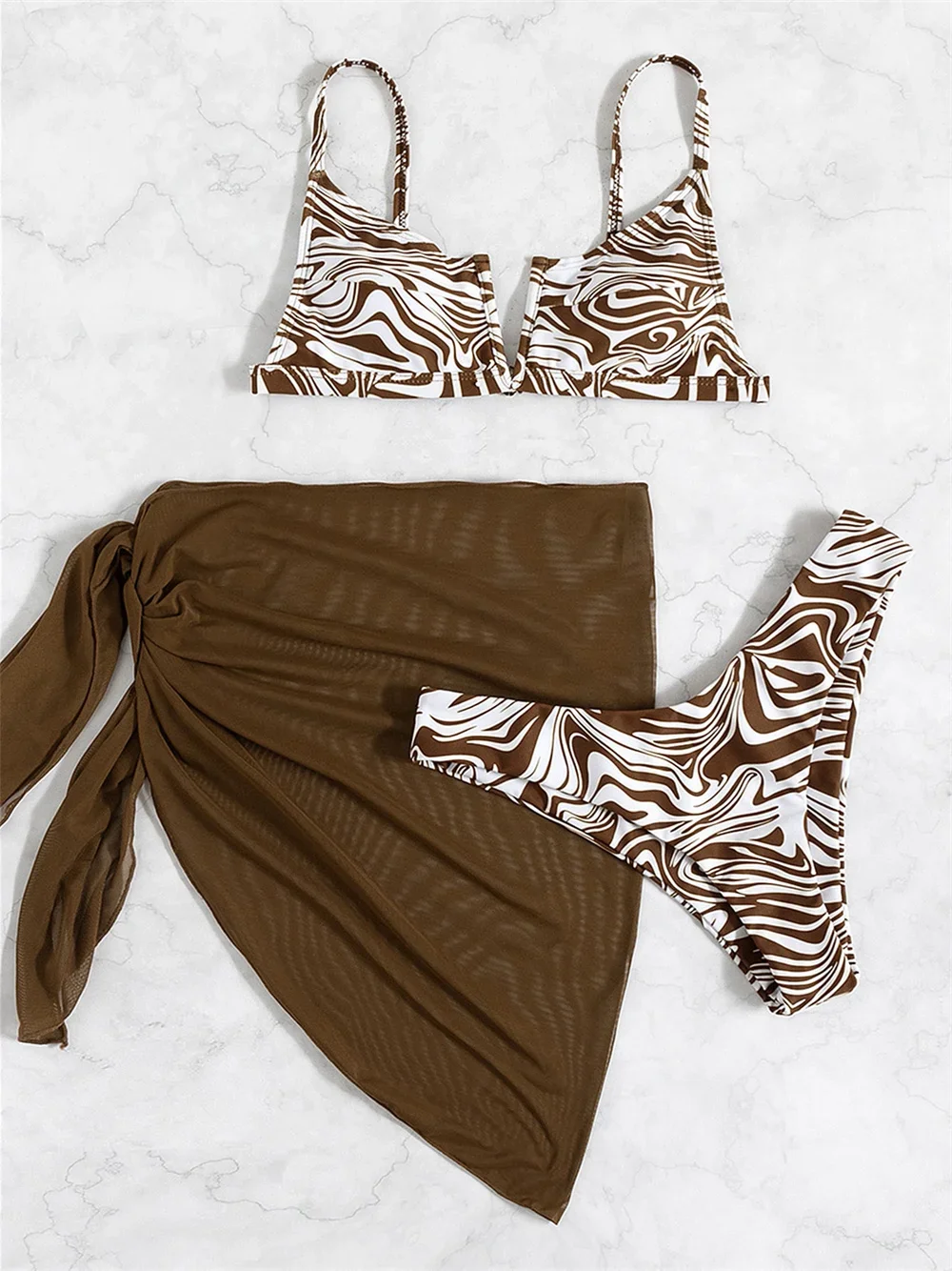 

Sexy Print Bikinis Sets V-wire Sling Swimsuit Brown Cover Ups Micro Bikini Y2K Vacation Swimwear Women Beach Outfit Bathing Suit