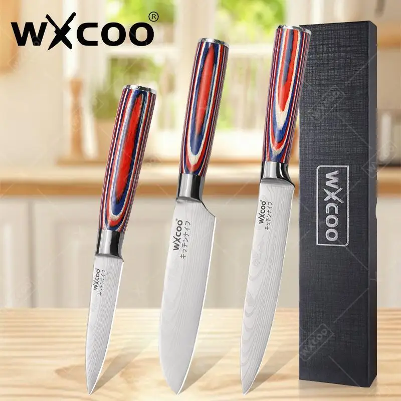 WXCOO Professionelle Küchenmesser Damaskus Laser Obst Santoku Allzweckmesser Gemüsemesser mit Geschenkbox Ausbeinen Fleischschneider
