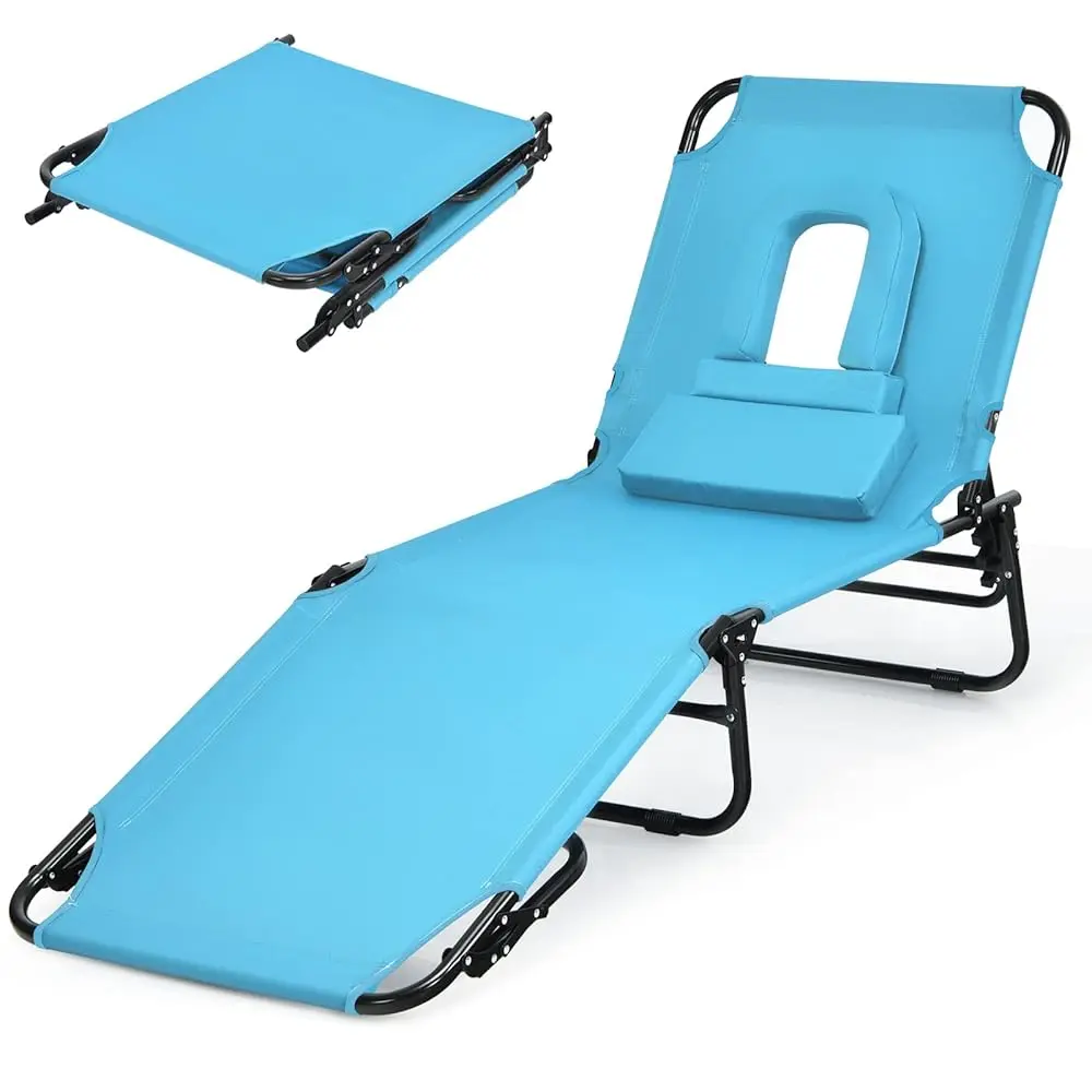 

Folding Beach Lounge Chair W/ 5 Adjutable Backrest & Padded Pillow, Sunbathing Lounger Chair, Sun Tanning Lay Flat Chair For