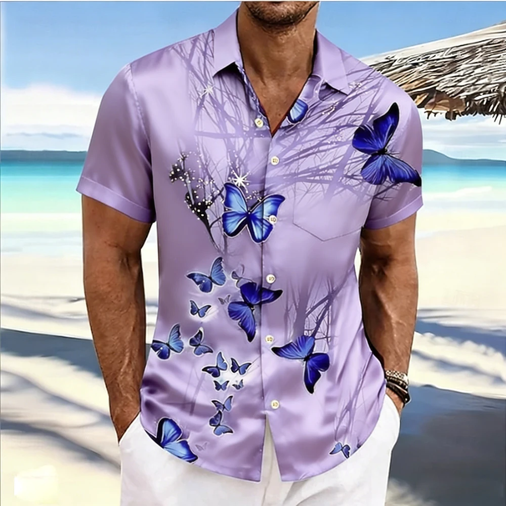 Men's spring new short-sleeved shirt striped checkered natural high-definition printed shirt Hawaiian outdoor party clothes men