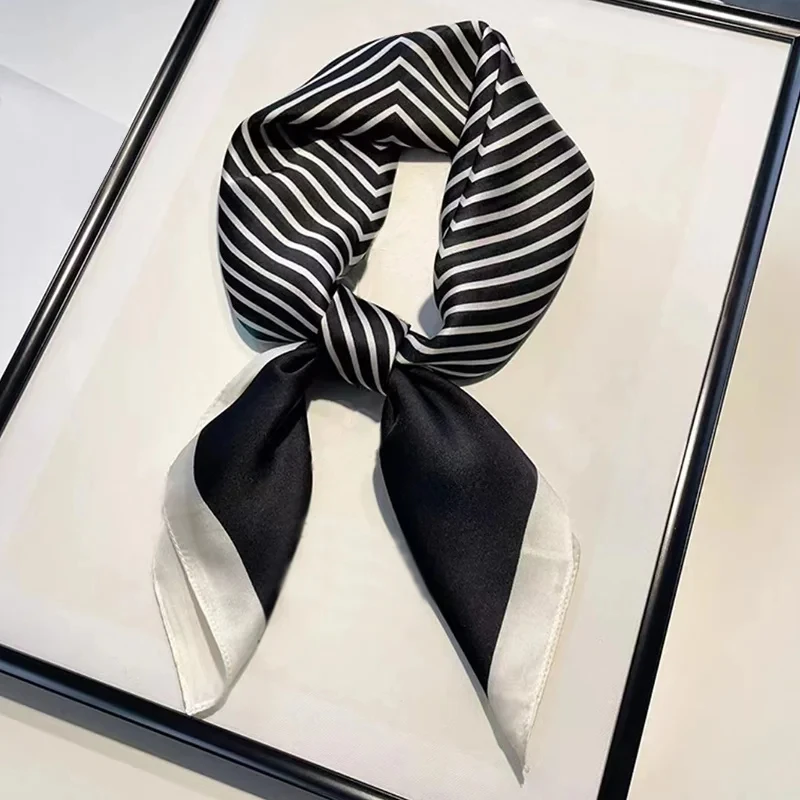 Luxury Imitation Silk Scarf Black And White Striped Head Wrap For Women Multifunction Silk Feeling Neckerchief