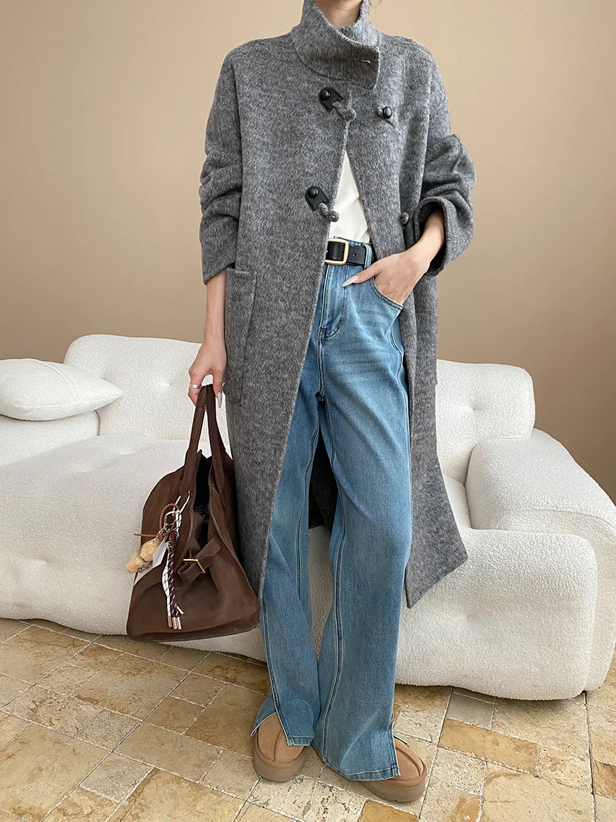 สไตล์ขั้นสูงและสบายๆ ปกเสื้อแบบวินเทจ เสื้อโค้ทขนสัตว์สองด้าน แจ็คเก็ต