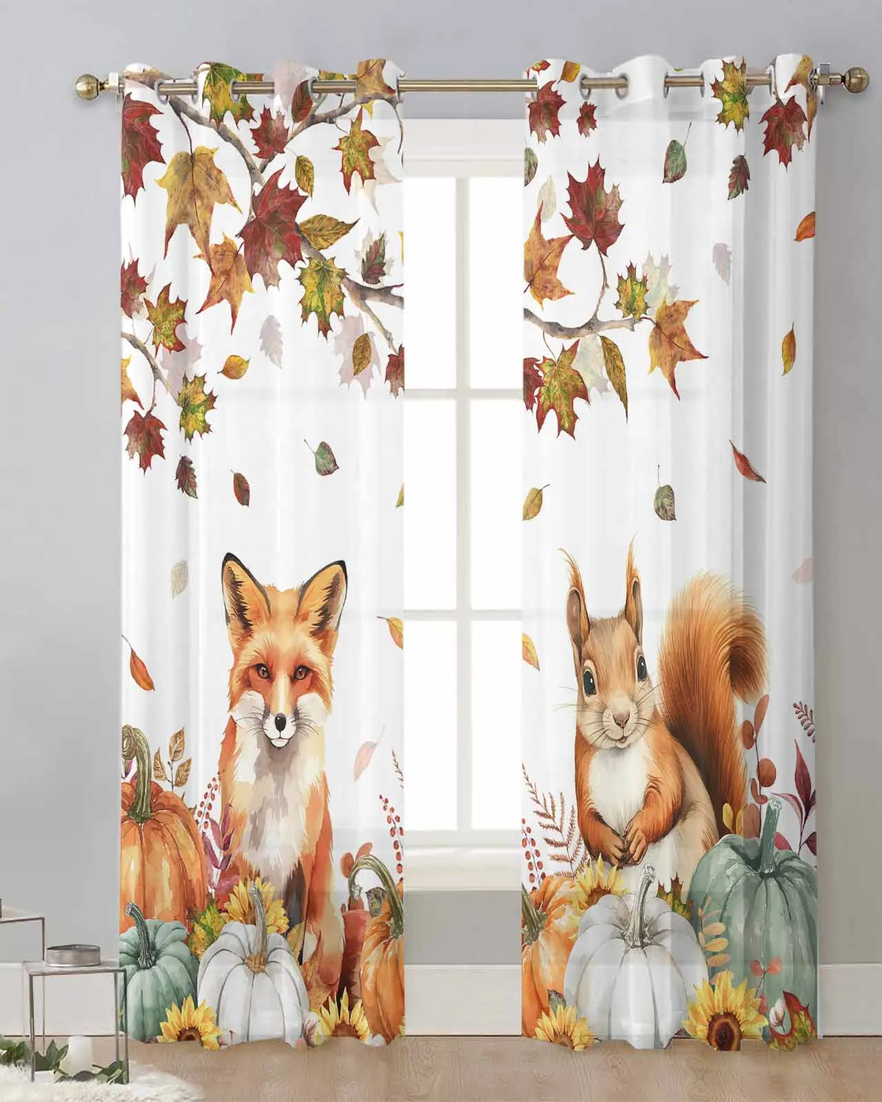 Thanksgiving Autumn Maple Leaf Pumpkin Fox Squirrel Voile Curtain Window Treatment Drapes for Living Room Tulle Sheer Curtains