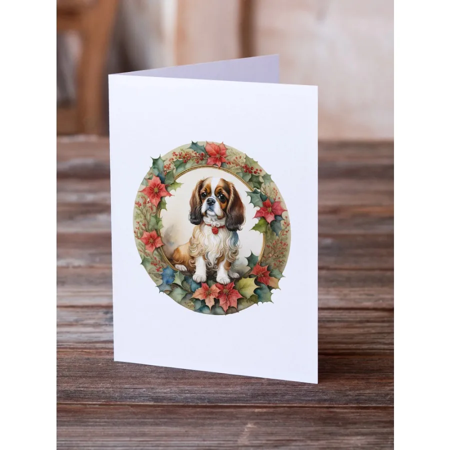 English Toy Spaniel Christmas Flowers Greeting Cards Pack of 8 Blank Cards with Envelopes Whimsical A7 Size 5x7 Blank Note Card