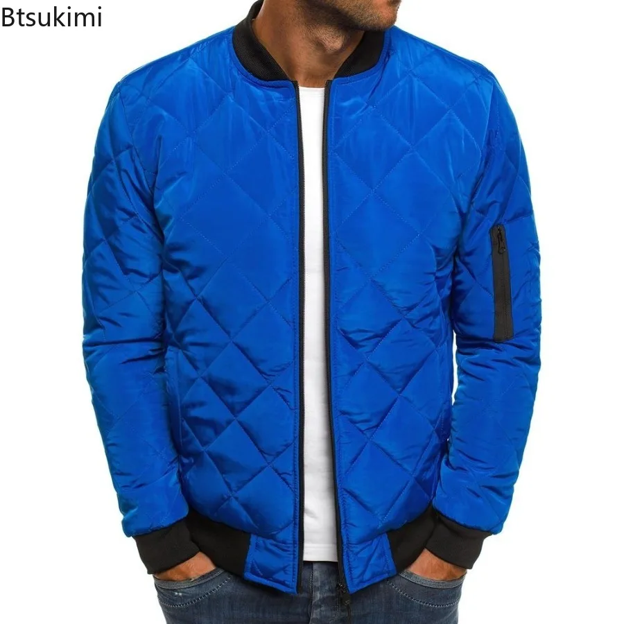 Men's Fashion Classic Zipper Parkas Autumn and Winter Warm Loose Rhombus Cotton Padded Solid Color Jacket Coats Male Clothing