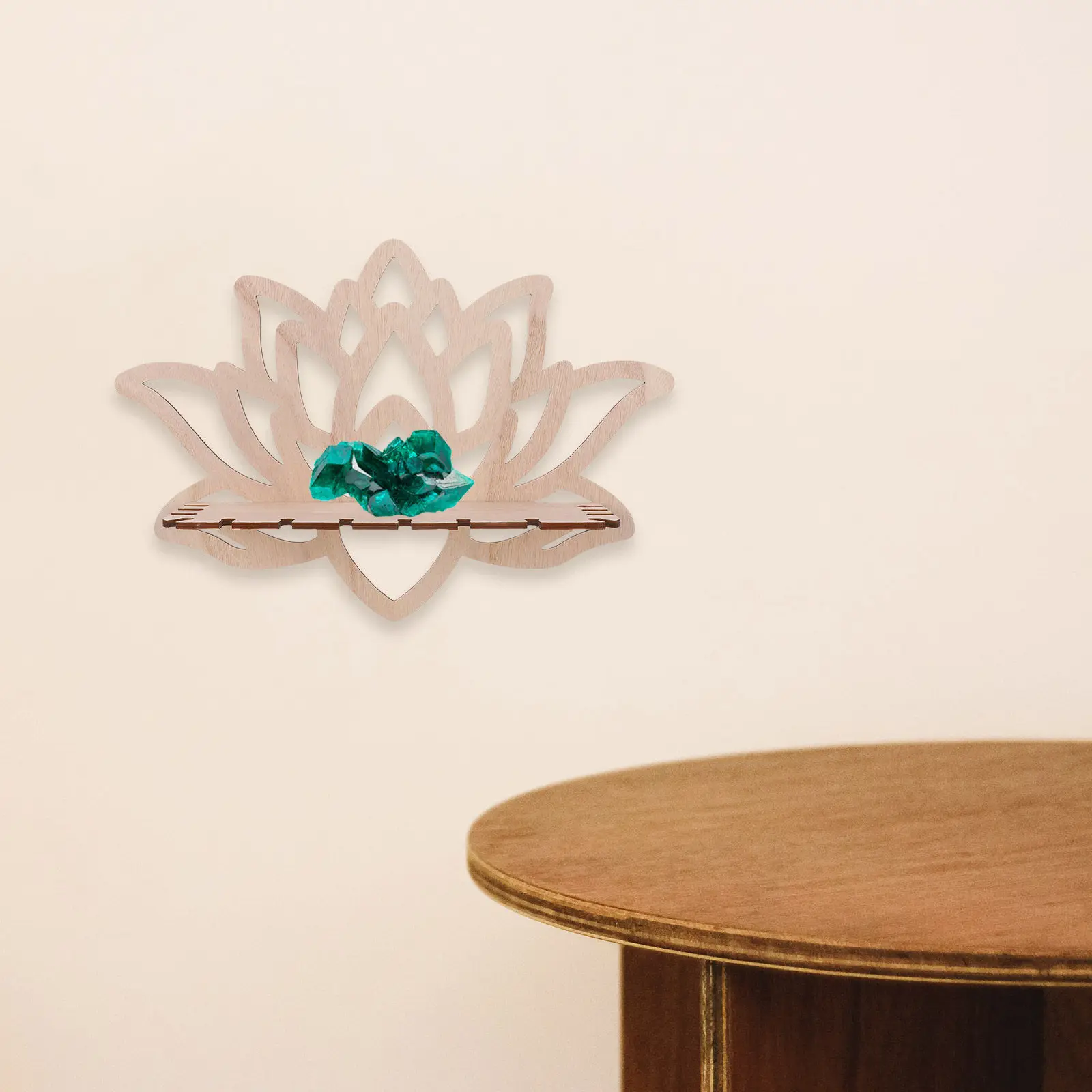 Lotus-Shaped Wooden Candlestick with Hollow Floral Cutouts Crystal Wall Mounted Shelf for Bedroom Decor Storage Display