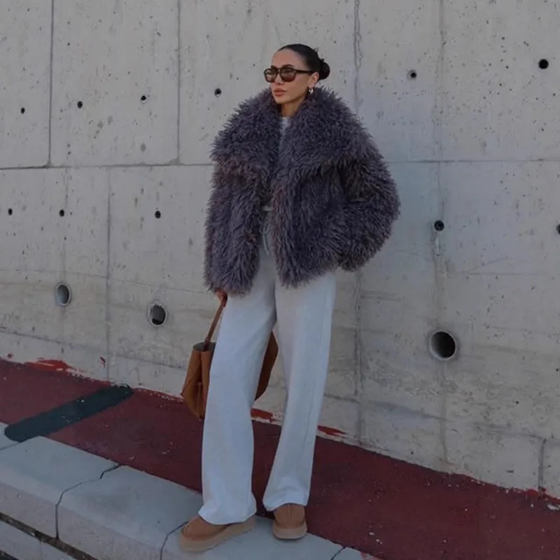 Fl 2025 inverno lulicore moda marrom casaco de pele do falso feminino chique outono quente fofo jaqueta de pele de ovelha grande gola de pele novo